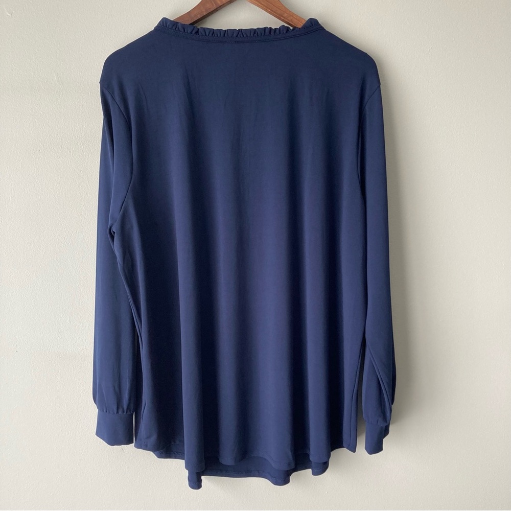 Fortune‎ & Ivy 2X Long Sleeve Ruffle Neck Blouse Top Navy Blue - Picture 6 of 11